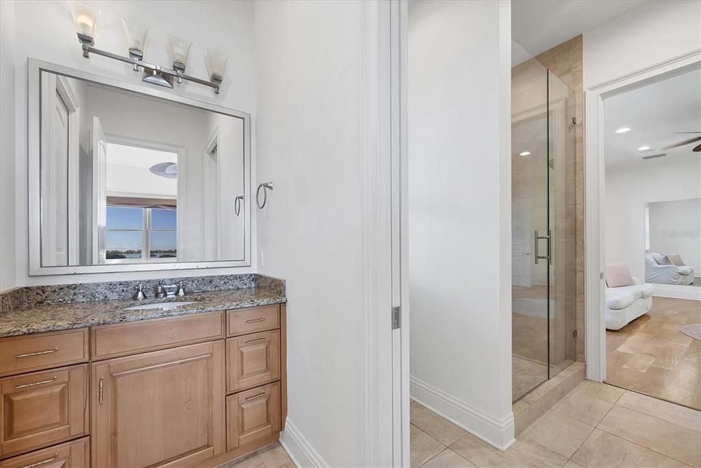 Bathroom, Bedroom, Glass Shower, Interior, Recessed Lighting, Wood Texture Flooring