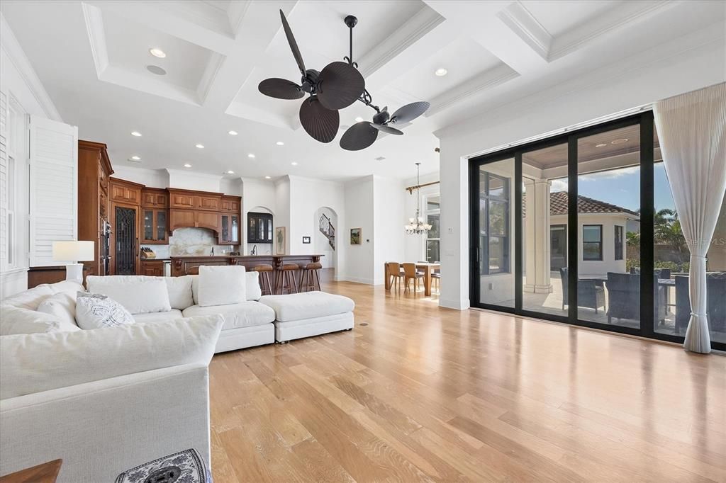 Chandelier, Dining room, Interior, Kitchen, Living room, Pendant Lights, Recessed Lighting, Stainless Steel Appliances, Wood Texture Flooring