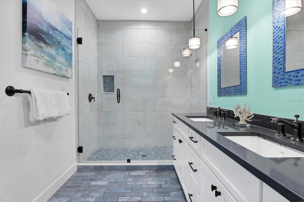 Bathroom, Dual Sink Vanities, Glass Shower, Interior, Recessed Lighting