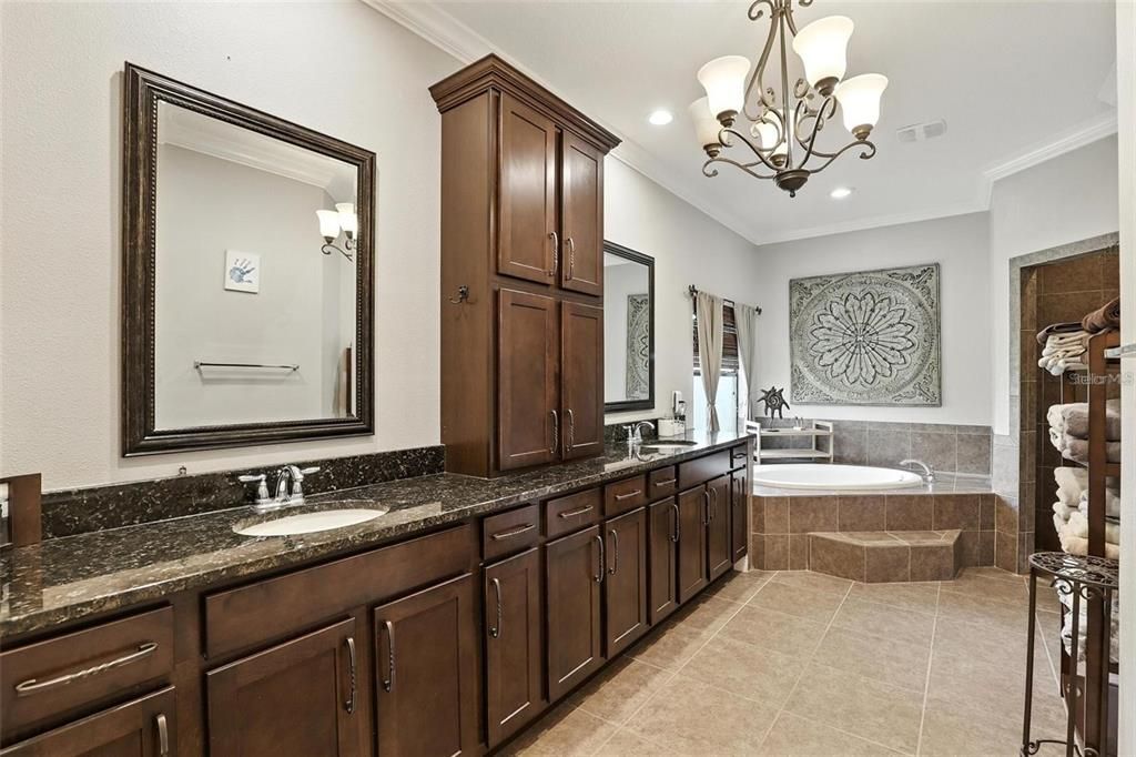 Bathroom, Chandelier, Dual Sink Vanities, Interior, Recessed Lighting