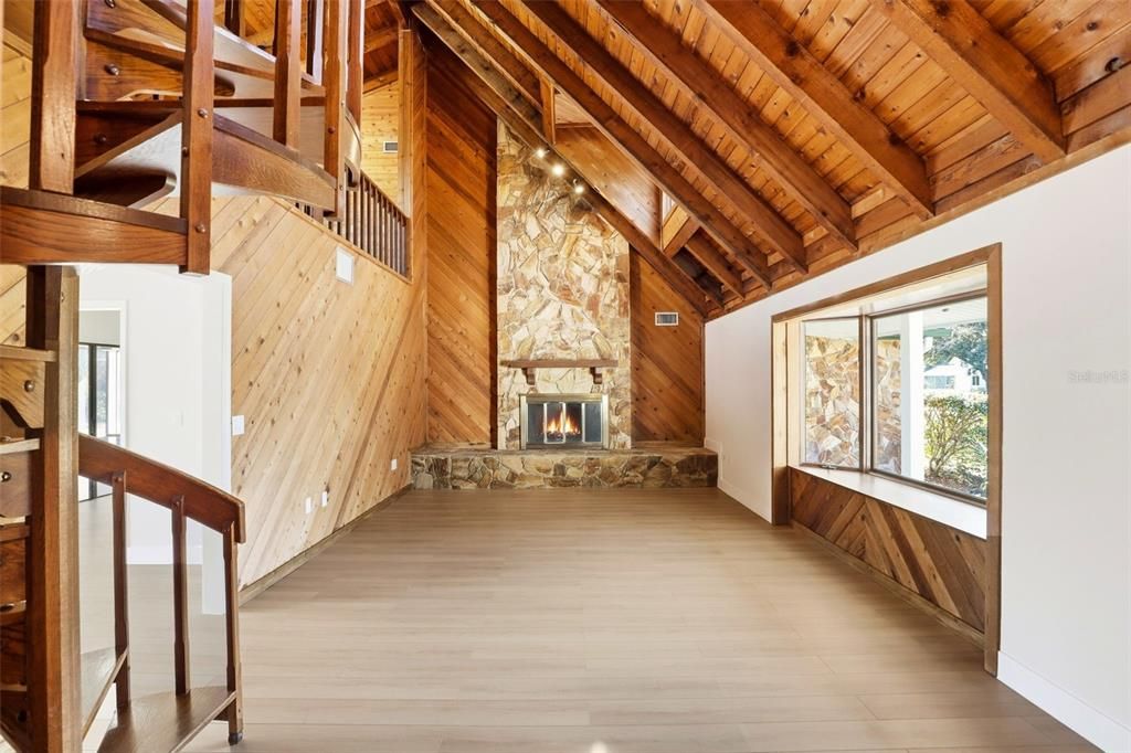 Chandelier, Fireplace, Interior, Wooden Beams, Wooden Ceilings, Wood Texture Flooring, Wooden Walls