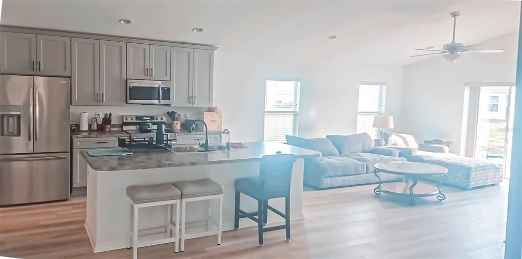 Interior, Kitchen, Living room, Recessed Lighting, Stainless Steel Appliances, Wood Texture Flooring