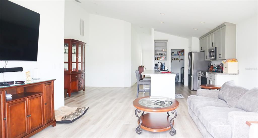 Dining room, Interior, Kitchen, Living room, Recessed Lighting, Wood Texture Flooring