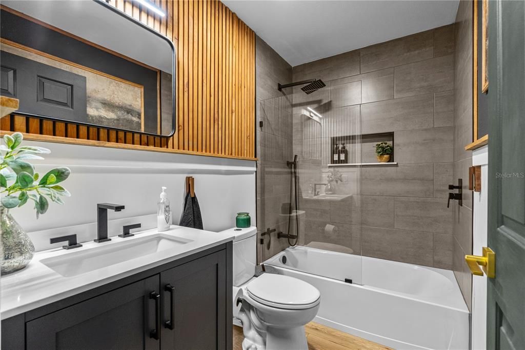 Bathroom, Glass Shower, Interior, Wood Texture Flooring