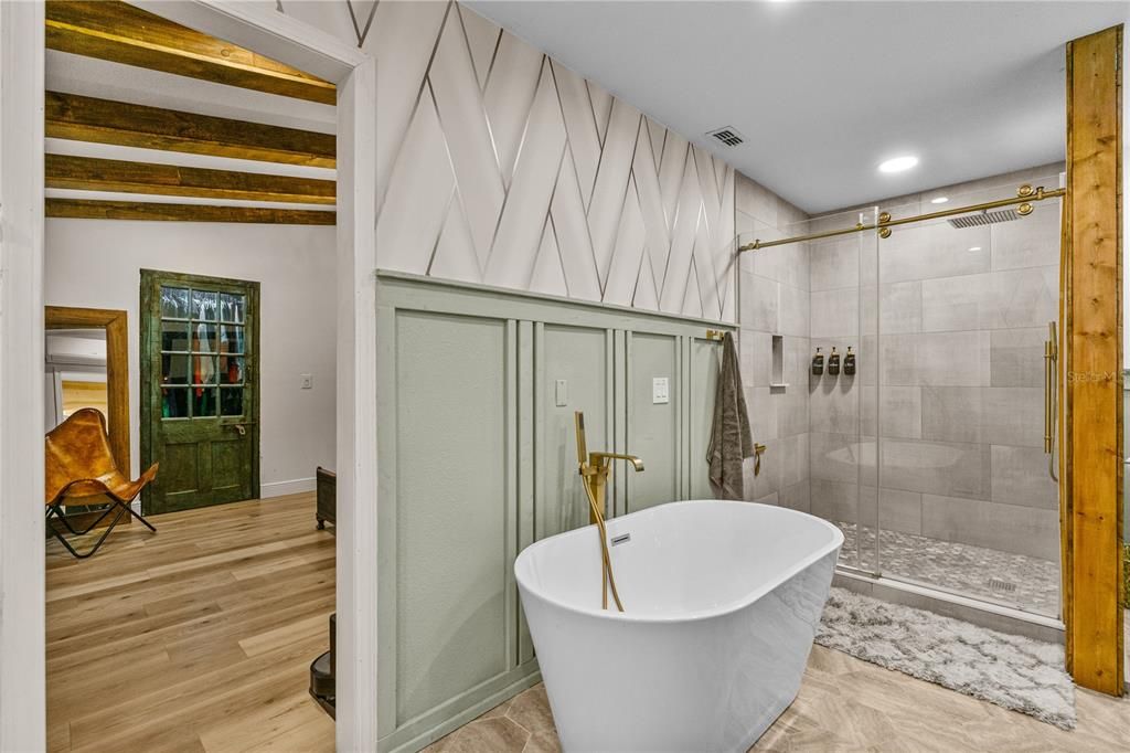 Bathroom, Free Standing Baths, Glass Shower, Interior, Recessed Lighting, Wooden Beams, Wood Texture Flooring