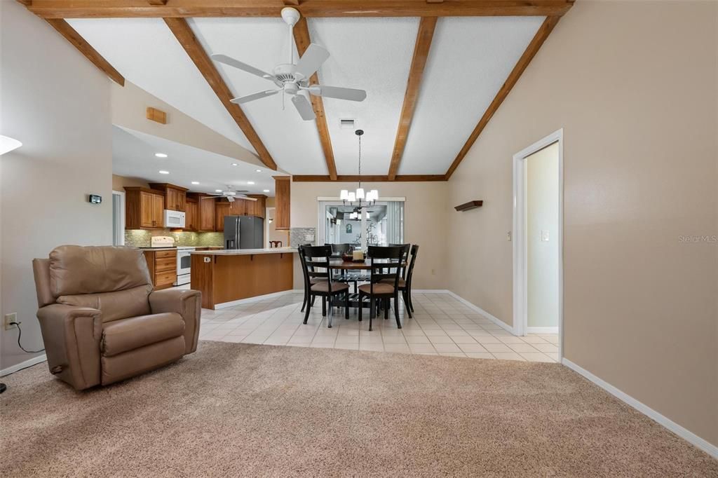 Chandelier, Dining room, Interior, Kitchen, Recessed Lighting, Wooden Beams