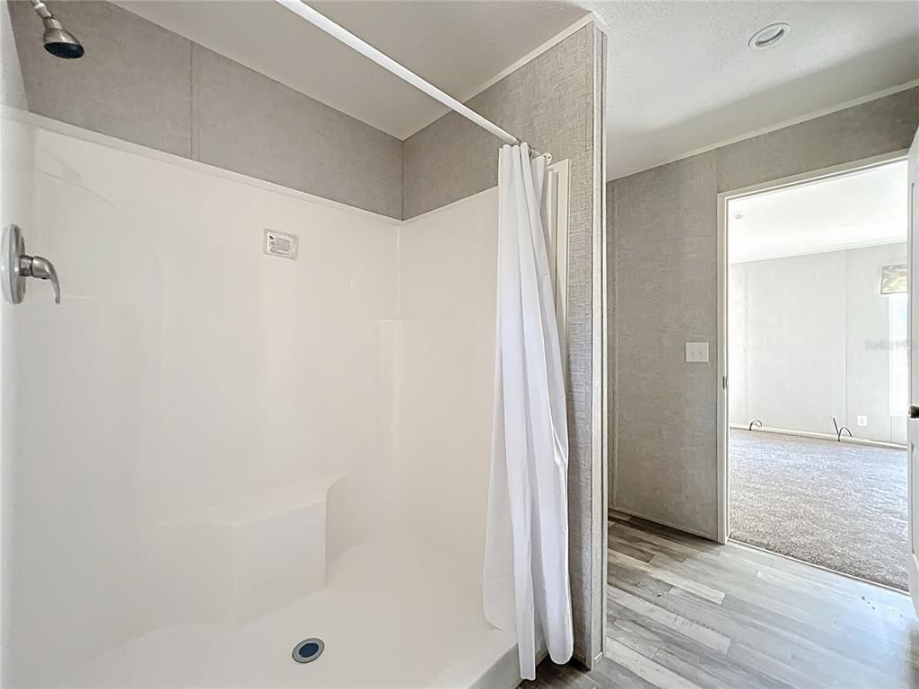 Bathroom, Empty room, Interior, Recessed Lighting, Wood Texture Flooring