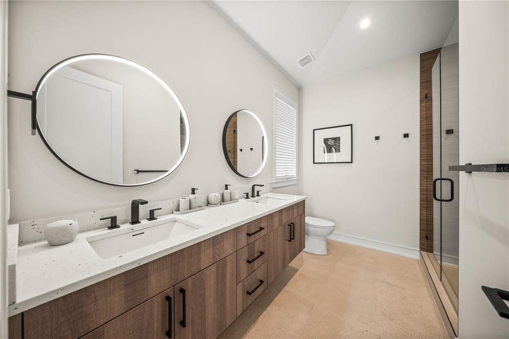 Bathroom, Dual Sink Vanities, Glass Shower, Interior, Recessed Lighting