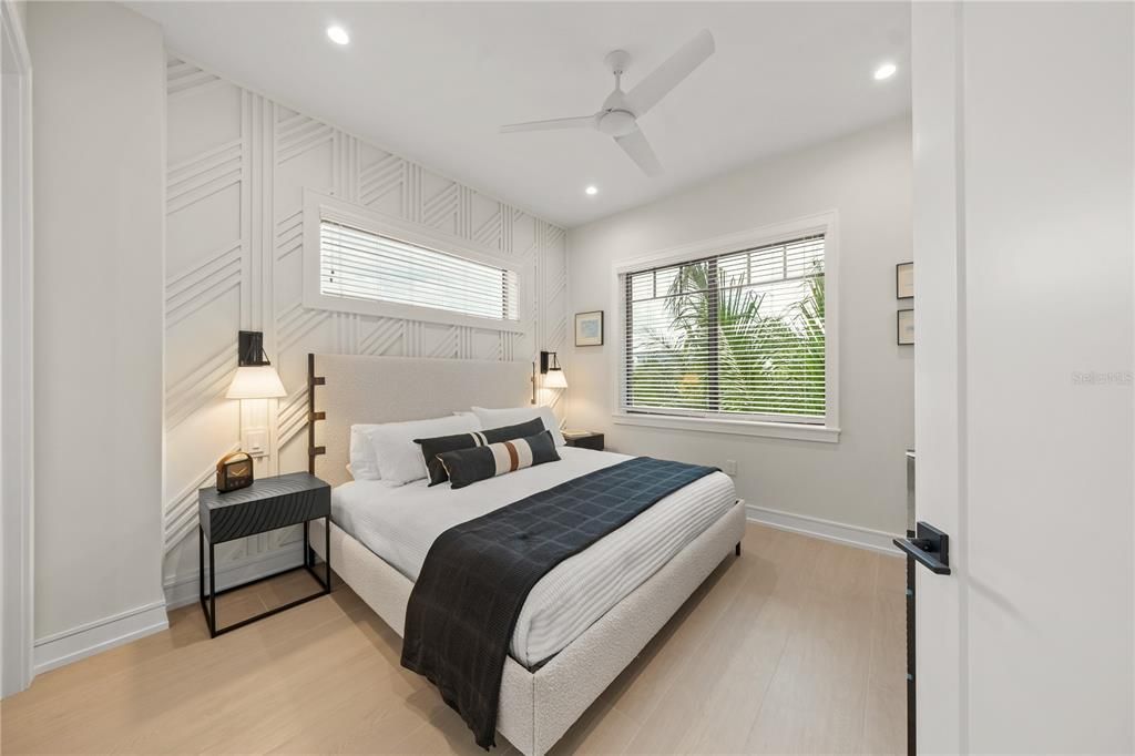 Bedroom, Interior, Recessed Lighting, Wood Texture Flooring