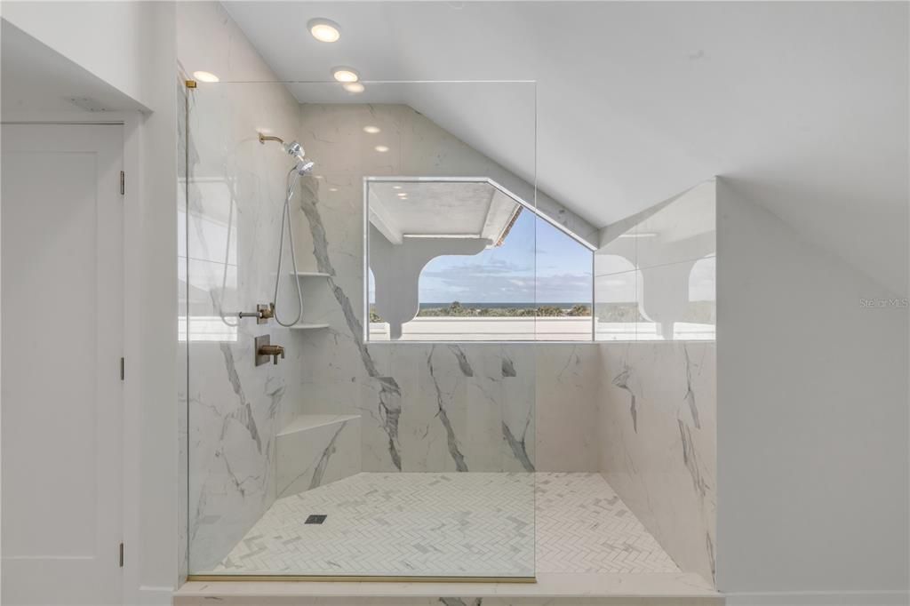Bathroom, Glass Shower, Interior, Marble Walls, Recessed Lighting