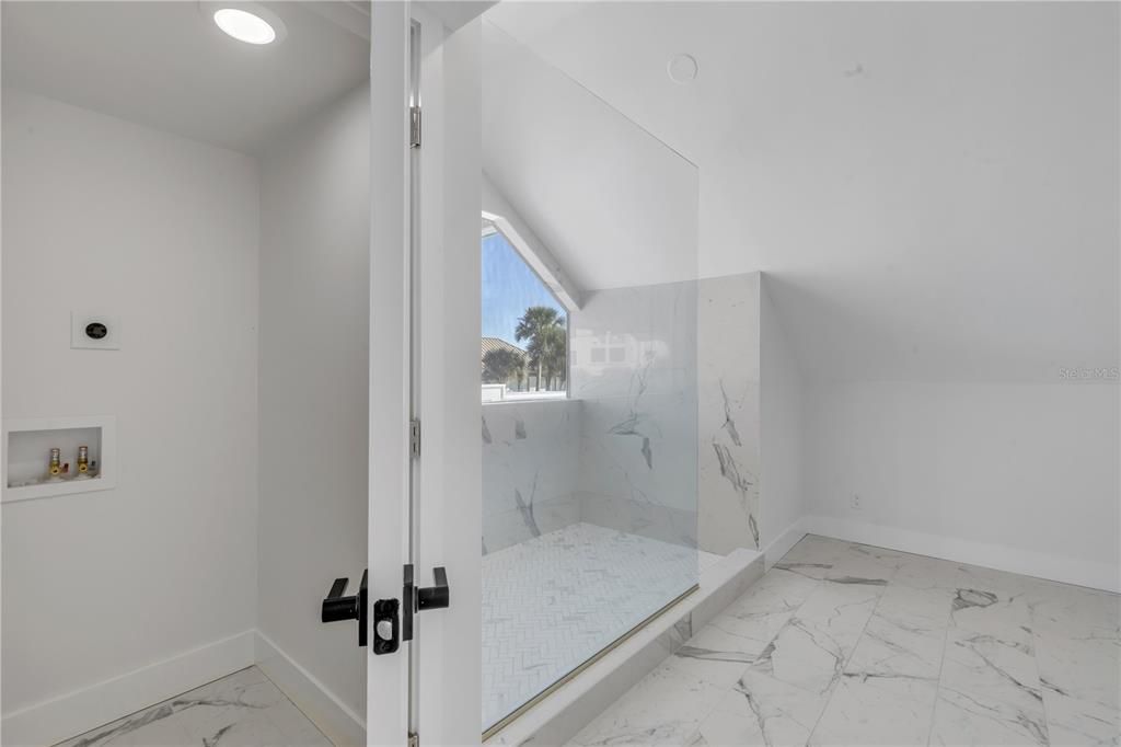 Bathroom, Glass Shower, Interior, Marble, Marble Walls, Recessed Lighting