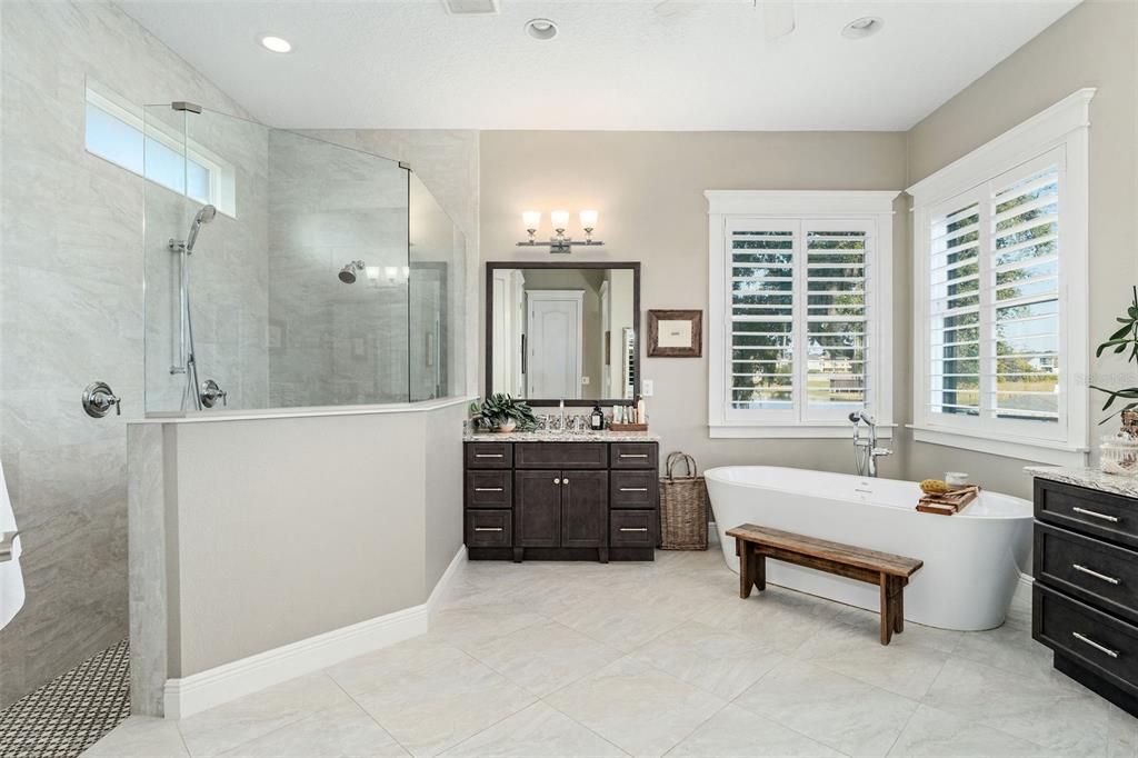 Bathroom, Dual Sink Vanities, Free Standing Baths, Glass Shower, Interior, Recessed Lighting