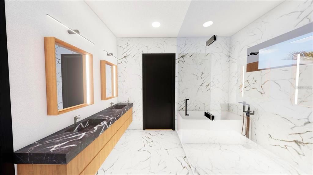 Bathroom, Interior, Marble, Marble Walls, Recessed Lighting