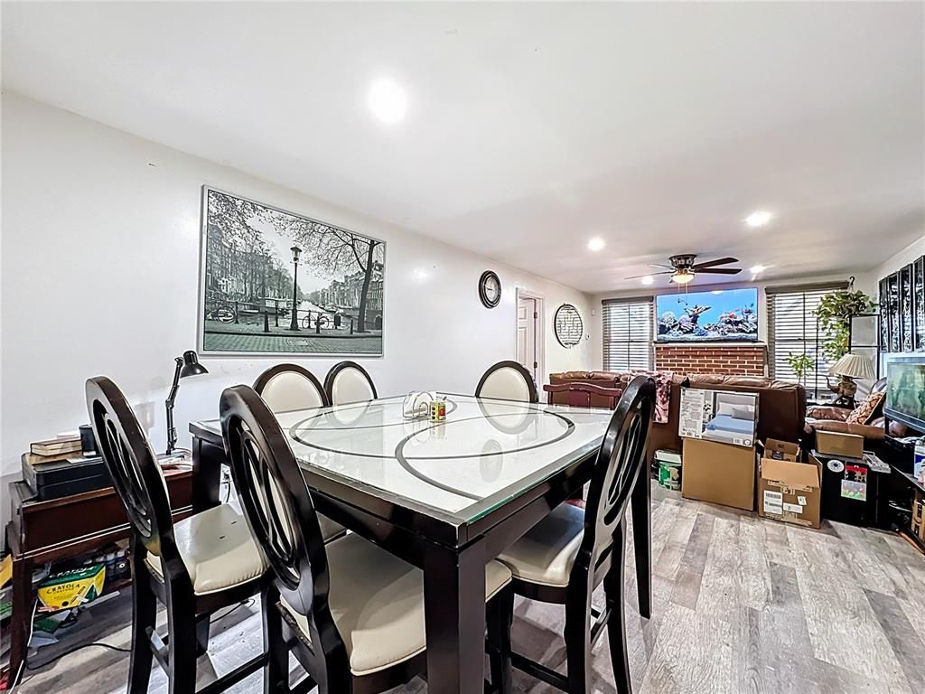 Dining room, Interior, Living room, Recessed Lighting, Wood Texture Flooring