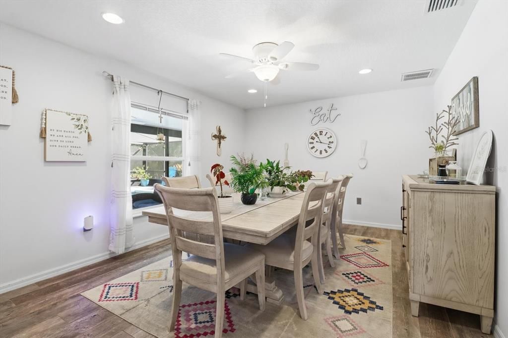 Dining room, Interior, Recessed Lighting, Wood Texture Flooring