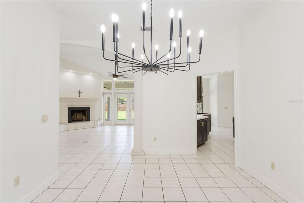 Chandelier, Empty room, Fireplace, Interior