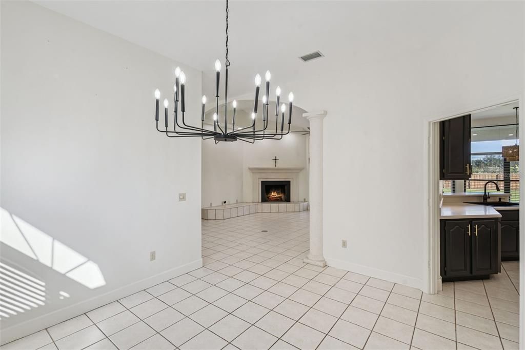 Chandelier, Empty room, Fireplace, Interior, Kitchen