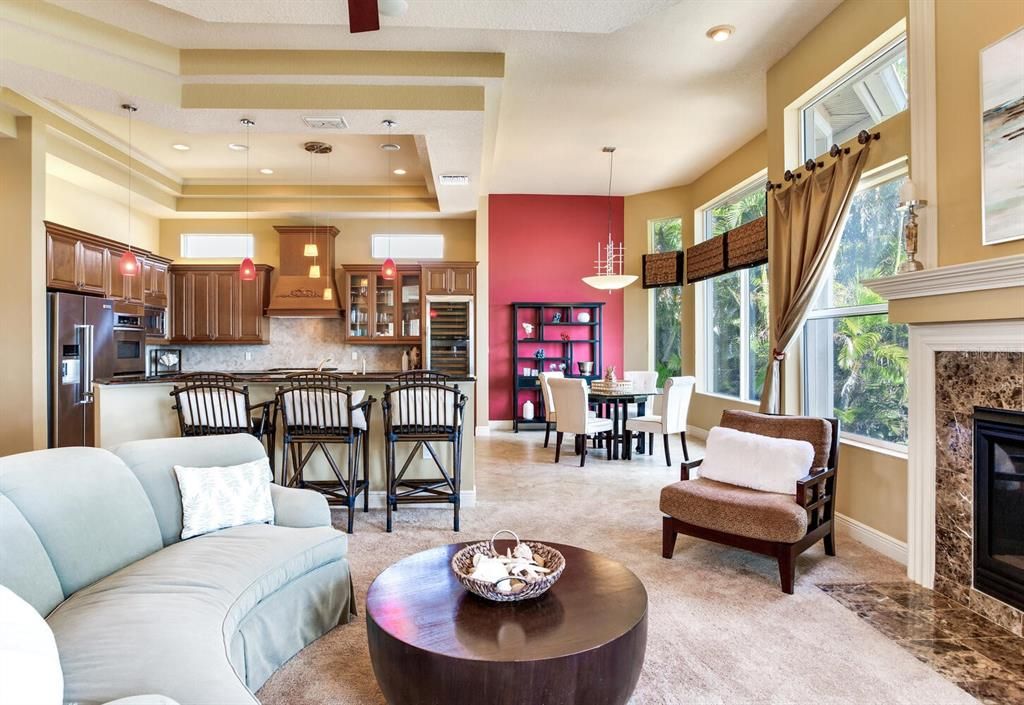 Dining room, Fireplace, Interior, Kitchen, Living room, Pendant Lights, Recessed Lighting, Stainless Steel Appliances