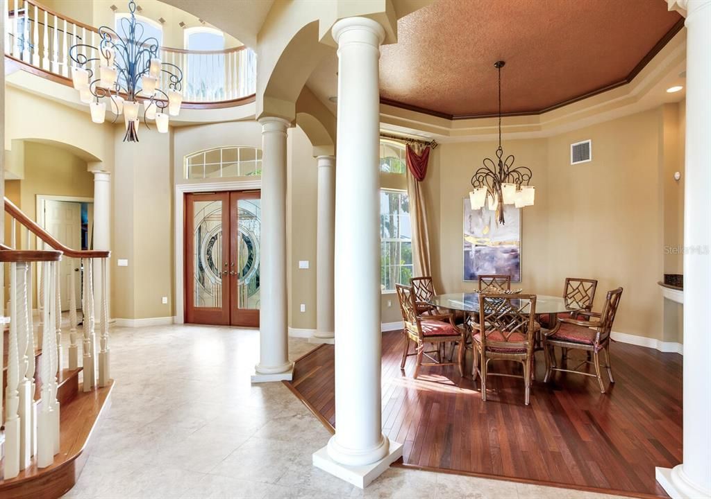 Chandelier, Dining room, Interior, Recessed Lighting, Wood Texture Flooring