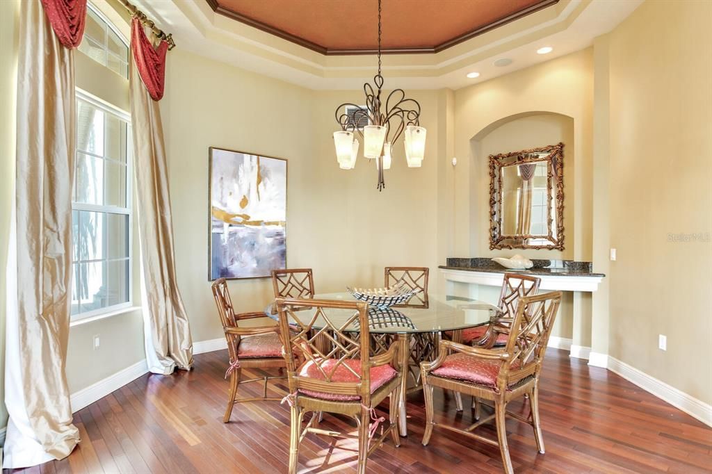 Dining room, Interior, Pendant Lights, Recessed Lighting, Wood Texture Flooring