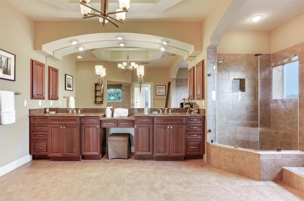 Bathroom, Chandelier, Dual Sink Vanities, Interior, Recessed Lighting