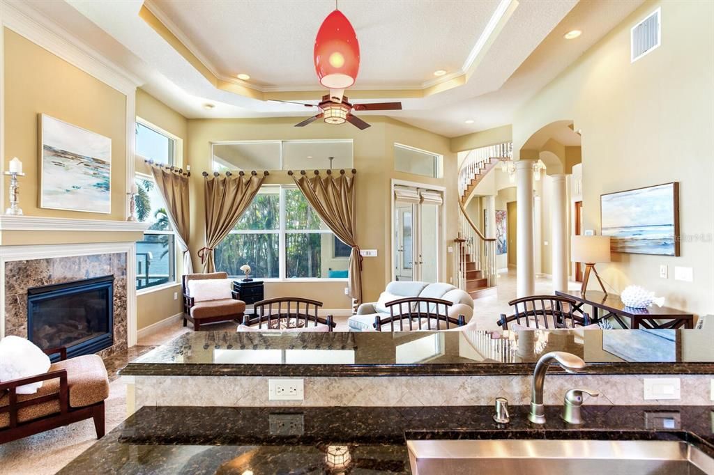 Dining room, Fireplace, Interior, Living room, Recessed Lighting