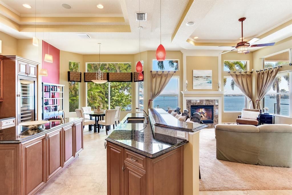 Dining room, Fireplace, Interior, Living room, Pendant Lights, Recessed Lighting, Water