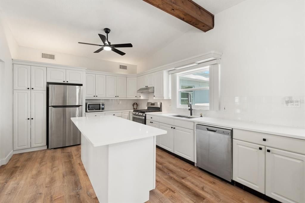 Interior, Kitchen, Stainless Steel Appliances, Wooden Beams, Wood Texture Flooring