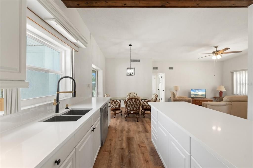 Dining room, Interior, Kitchen, Living room, Pendant Lights, Wooden Beams, Wood Texture Flooring