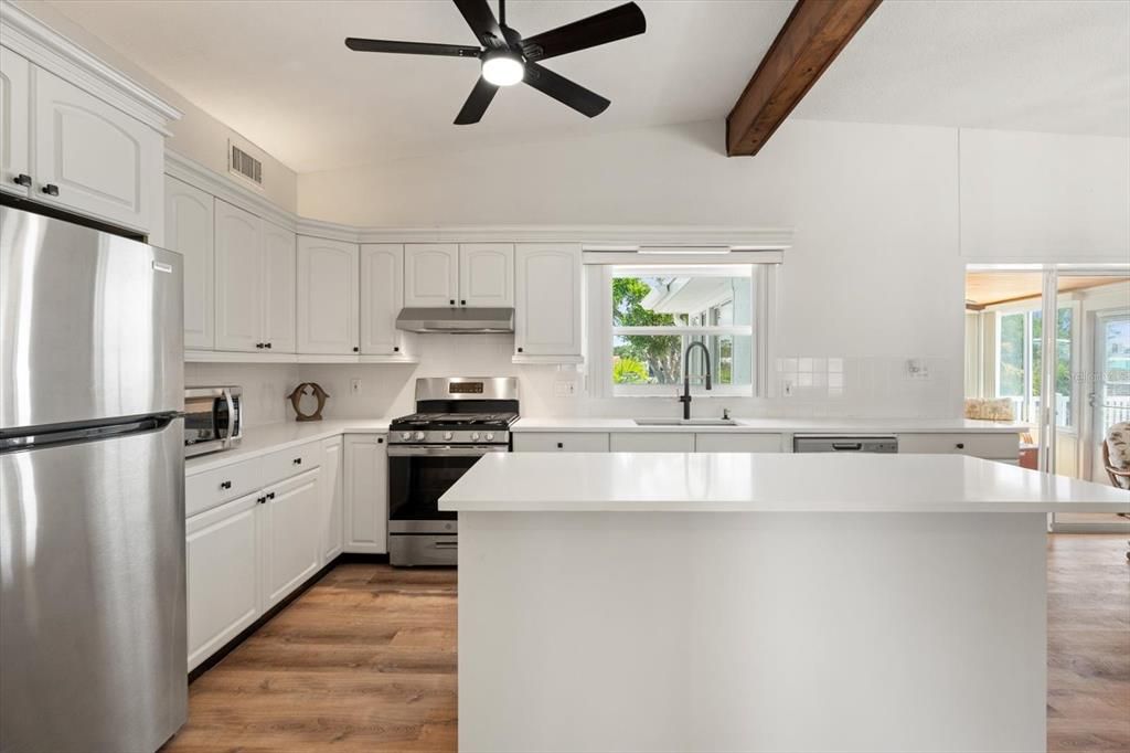 Interior, Kitchen, Stainless Steel Appliances, Wooden Beams, Wood Texture Flooring