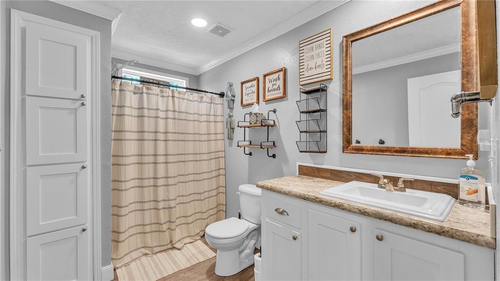 Bathroom, Interior, Recessed Lighting, Wood Texture Flooring