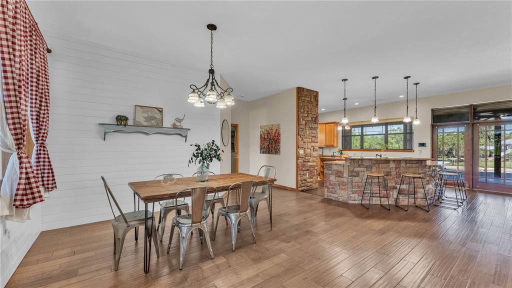 Dining room, Interior, Pendant Lights, Recessed Lighting, Wood Texture Flooring
