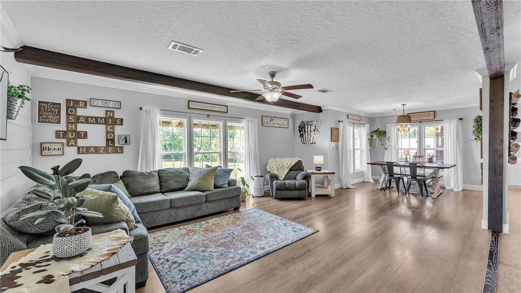 Dining room, Interior, Living room, Pendant Lights, Wood Texture Flooring
