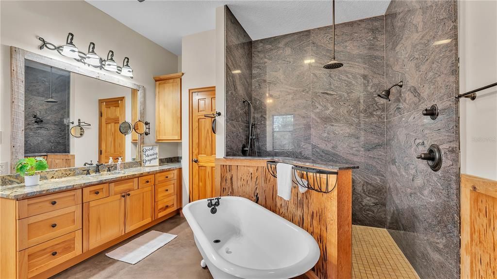 Bathroom, Dual Sink Vanities, Free Standing Baths, Glass Shower, Interior, Marble Walls