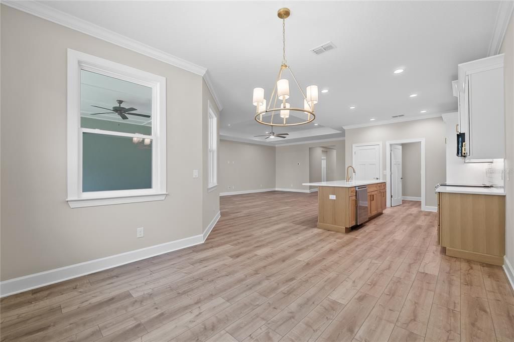 Chandelier, Interior, Kitchen, Pendant Lights, Recessed Lighting, Wood Texture Flooring