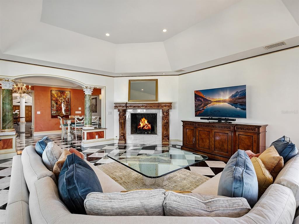 Chandelier, Dining room, Fireplace, Interior, Living room, Recessed Lighting