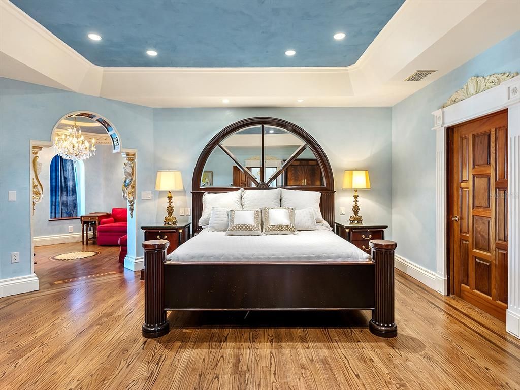 Bedroom, Chandelier, Interior, Recessed Lighting, Wood Texture Flooring