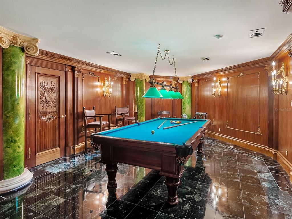 Billiard Table, Game Room, Interior, Pendant Lights, Wooden Walls