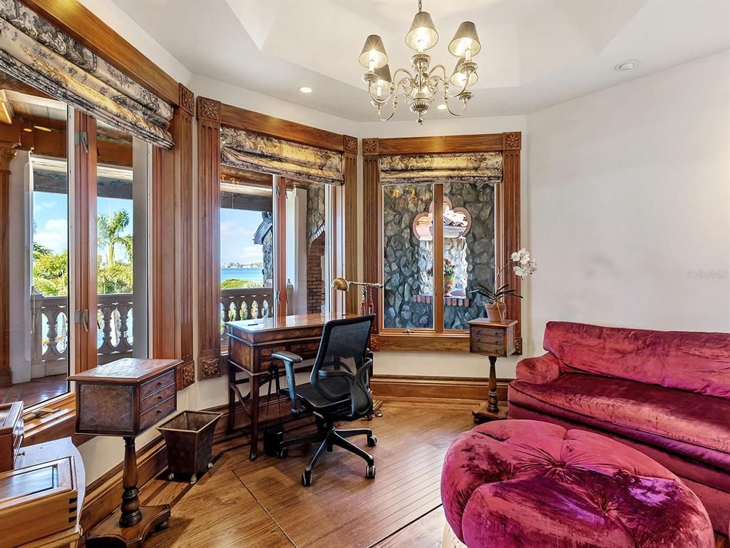 Chandelier, Home Office, Interior, Recessed Lighting, Water, Wood Texture Flooring