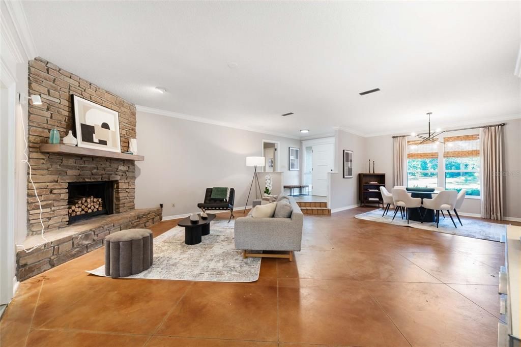 Dining room, Fireplace, Interior, Living room, Pendant Lights, Recessed Lighting, Stone Walls