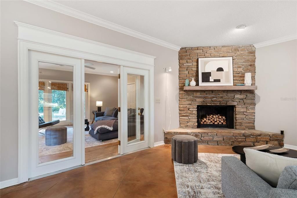 Fireplace, Interior, Living room, Recessed Lighting, Stone Walls