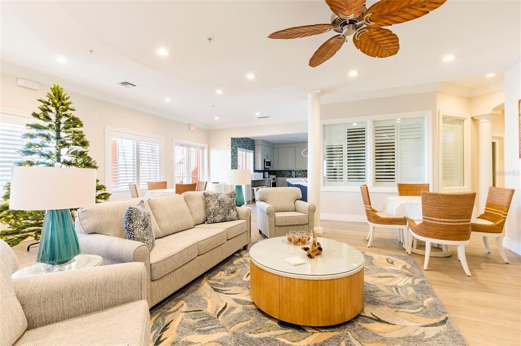 Dining room, Interior, Living room, Recessed Lighting, Wood Texture Flooring