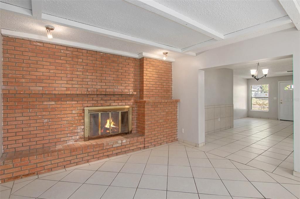 Chandelier, Empty room, Fireplace, Interior, Stone Walls