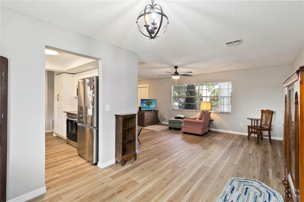 Interior, Kitchen, Living room, Pendant Lights, Wood Texture Flooring