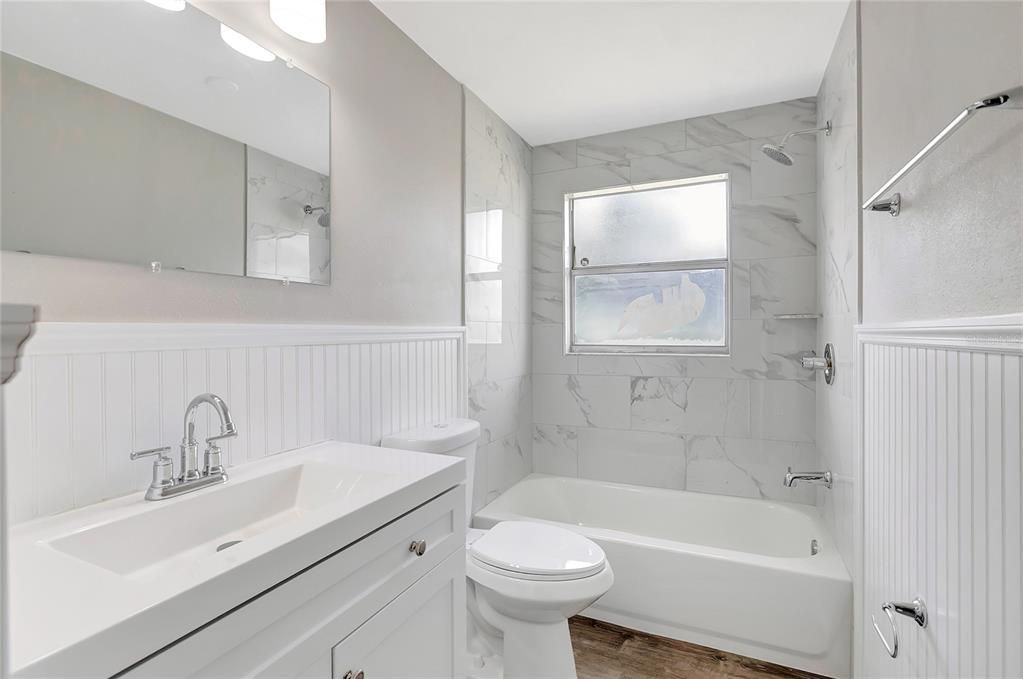 Bathroom, Interior, Marble Walls, Wood Texture Flooring