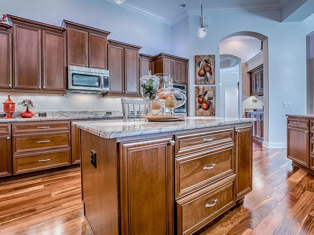 Interior, Kitchen, Pendant Lights, Recessed Lighting, Tile Countertops, Wood Texture Flooring