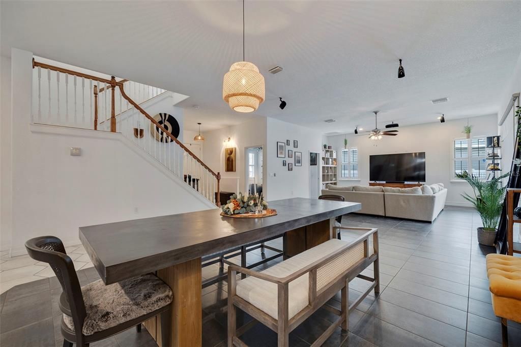 Dining room, Interior, Living room, Pendant Lights, Wood Texture Flooring
