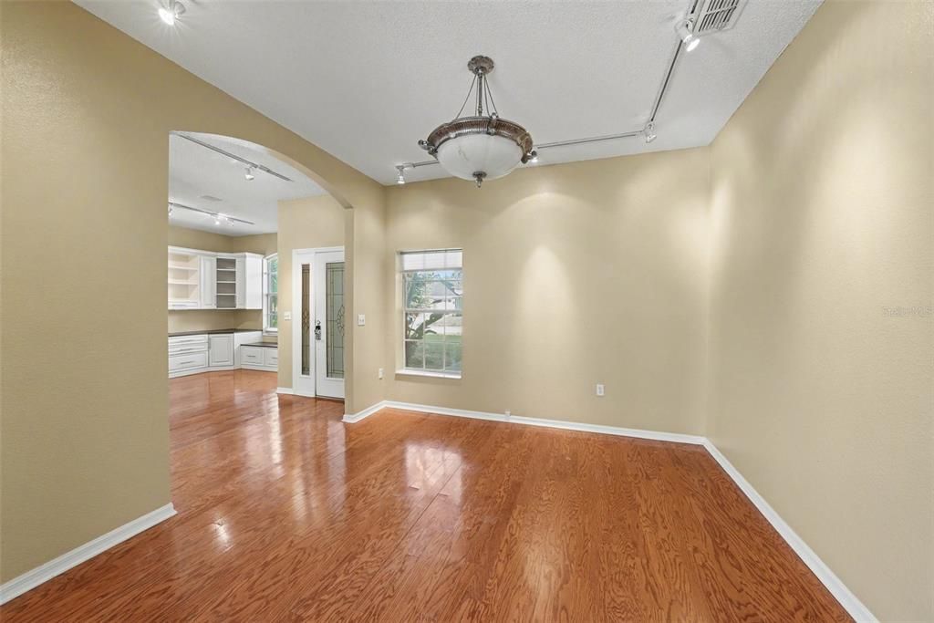 Empty room, Interior, Pendant Lights, Recessed Lighting, Wood Texture Flooring