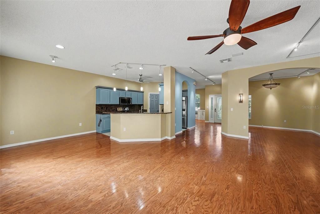Empty room, Interior, Kitchen, Recessed Lighting, Wood Texture Flooring