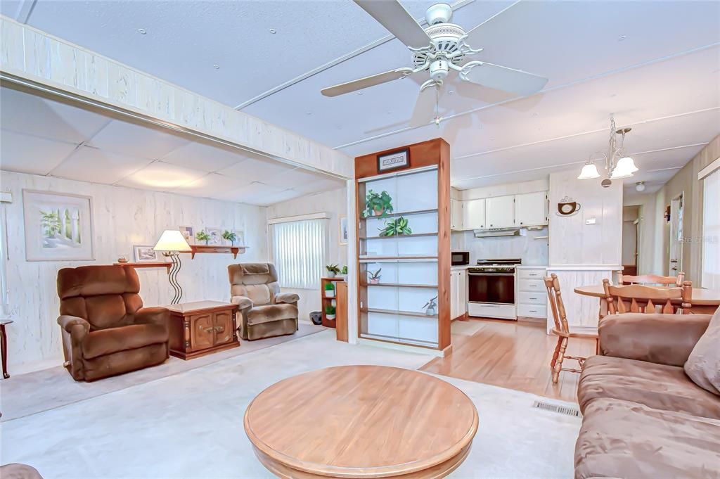 Dining room, Interior, Kitchen, Living room, Pendant Lights, Stainless Steel Appliances, Wood Texture Flooring